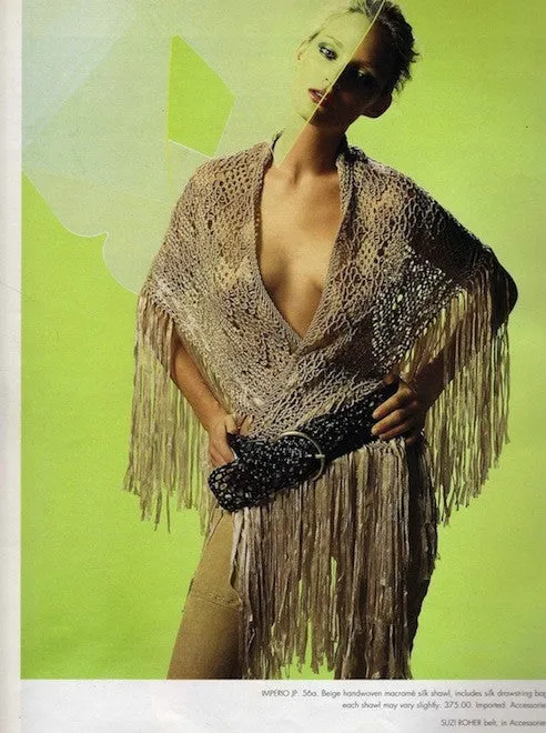Silk Macrame Triangle Shawl Silver Ivory