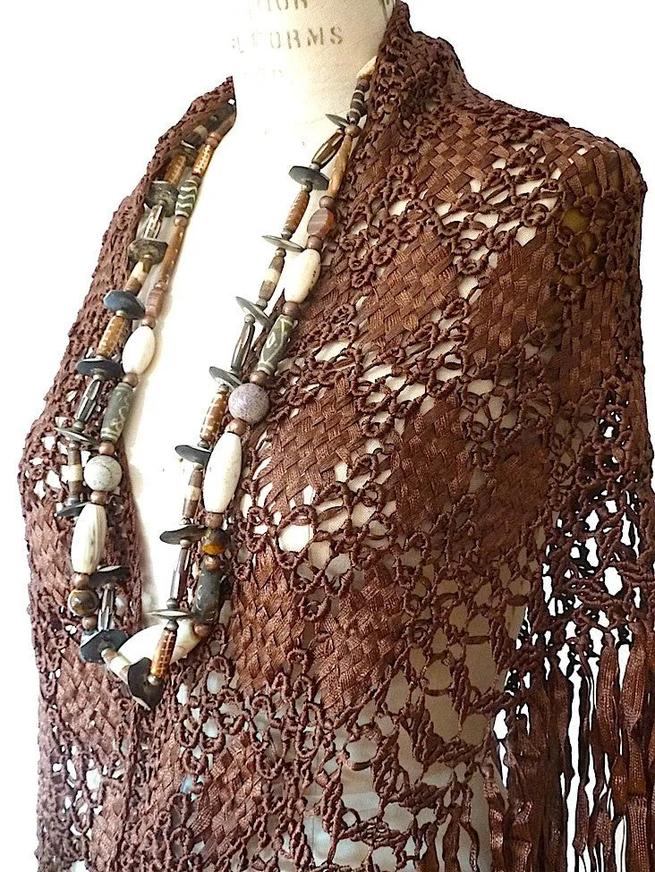 Silk Macrame Triangle Shawl Silver Ivory