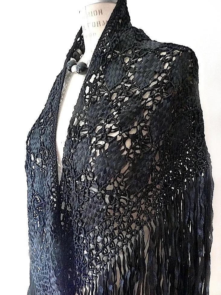 Silk Macrame Triangle Shawl Silver Ivory