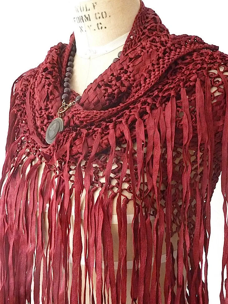 Silk Macrame Triangle Shawl Silver Ivory