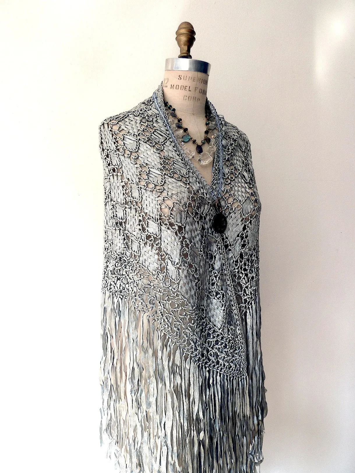 Silk Macrame Triangle Shawl Silver Ivory