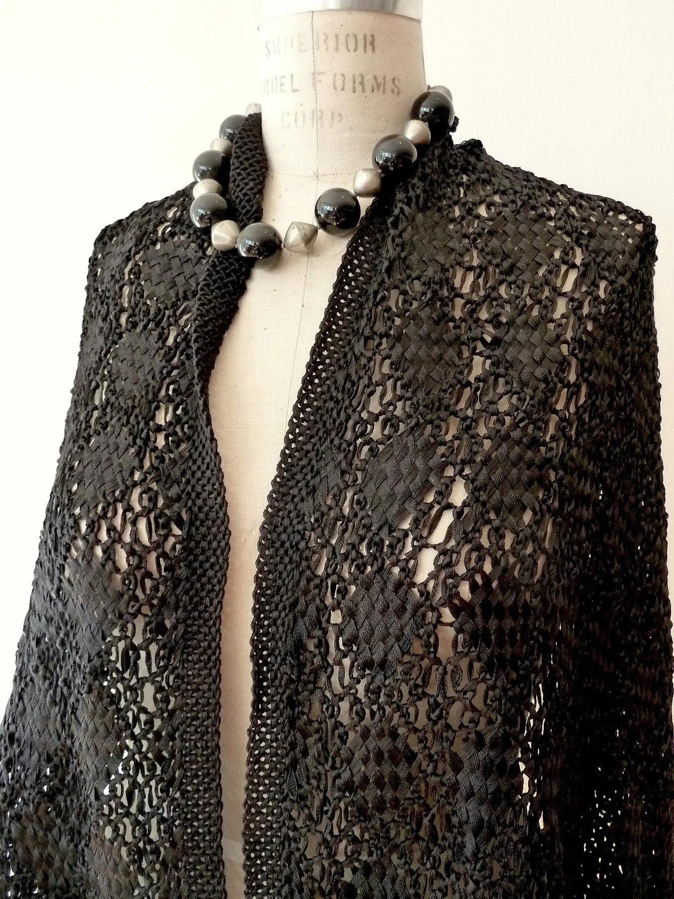 Silk Macrame Triangle Shawl Silver Ivory