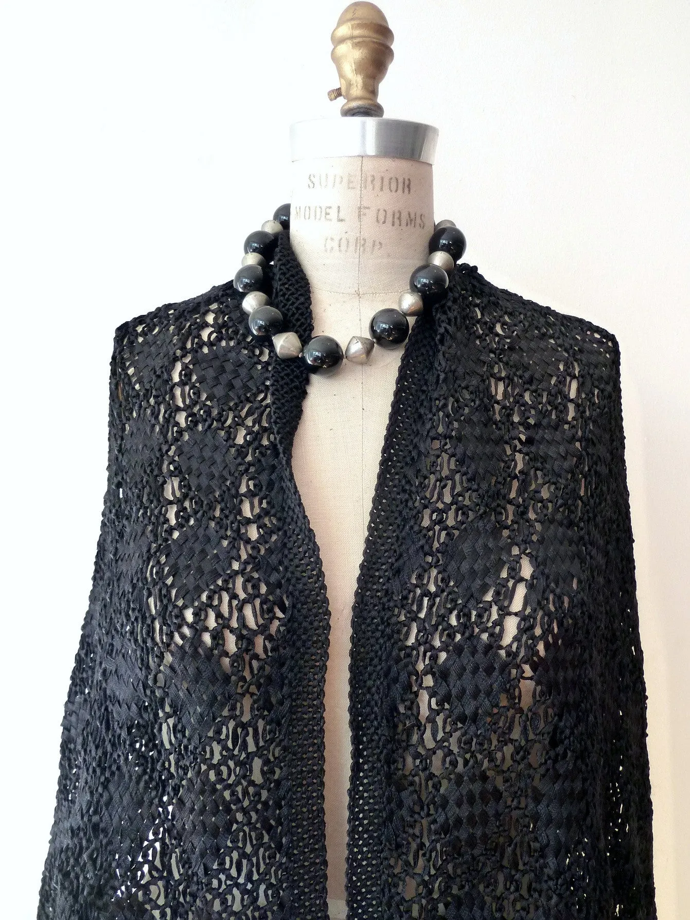 Silk Macrame Triangle Shawl Silver Ivory