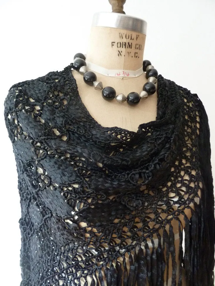 Silk Macrame Triangle Shawl Silver Ivory