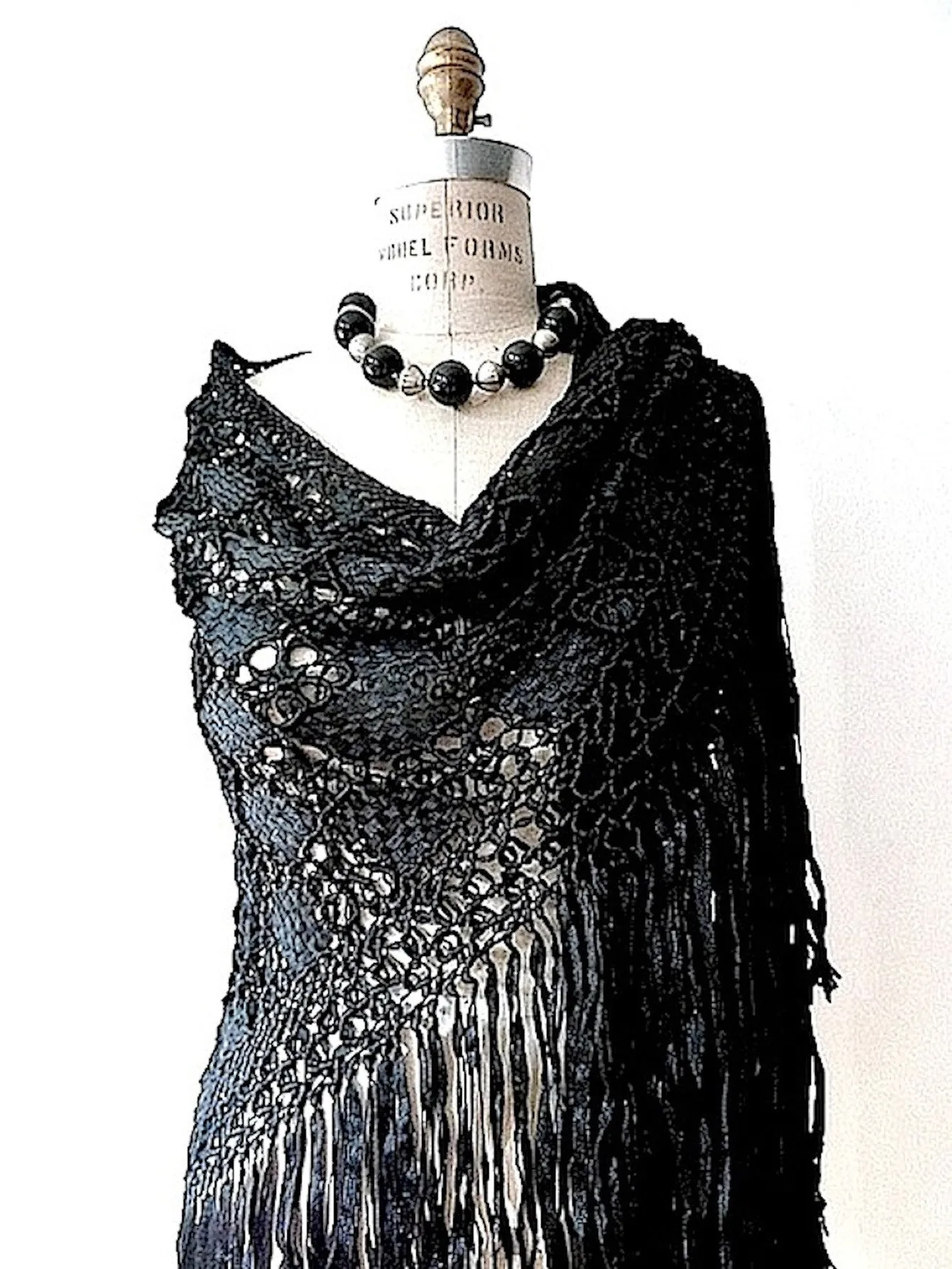 Silk Macrame Triangle Shawl Silver Ivory