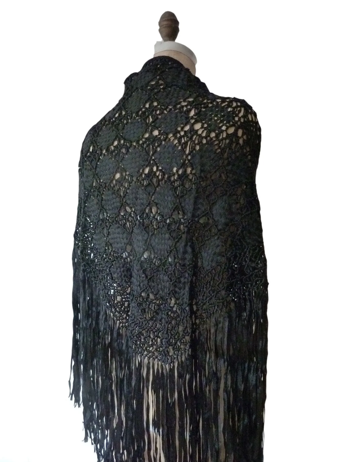 Silk Macrame Triangle Shawl Silver Ivory