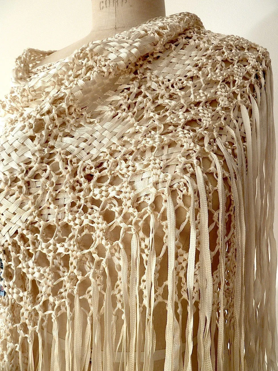 Silk Macrame Triangle Shawl Silver Ivory