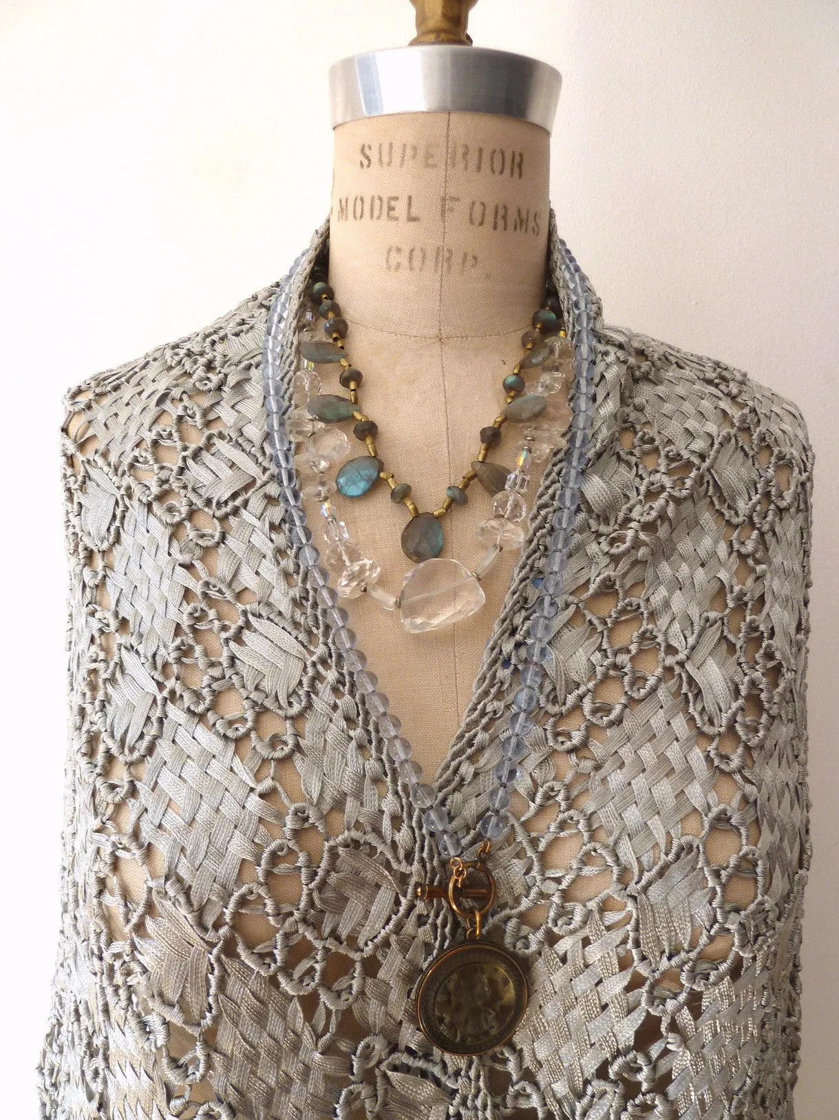 Silk Macrame Triangle Shawl Silver Ivory