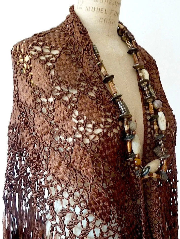 Silk Macrame Triangle Shawl Silver Ivory