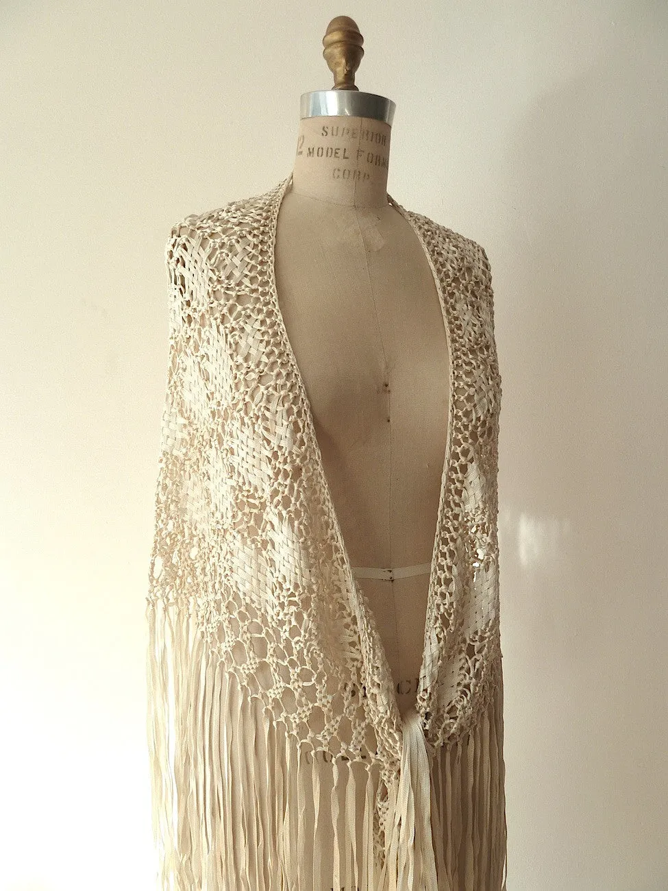 Silk Macrame Triangle Shawl Silver Ivory