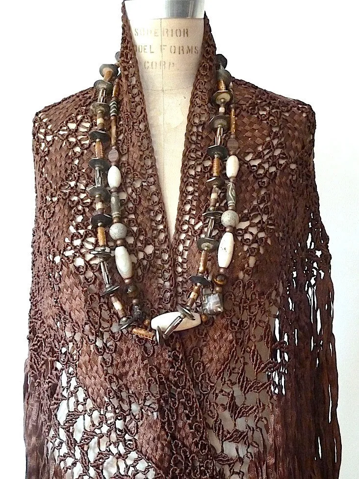 Silk Macrame Triangle Shawl Silver Ivory