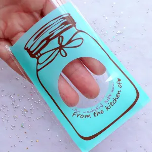 Small Gift Bags with Glass Food Jar Drawing | Self Adhesive Packaging Bags | Resealable Plastic Cello Bag (20pcs / Blue / 6.9cm x 10cm)