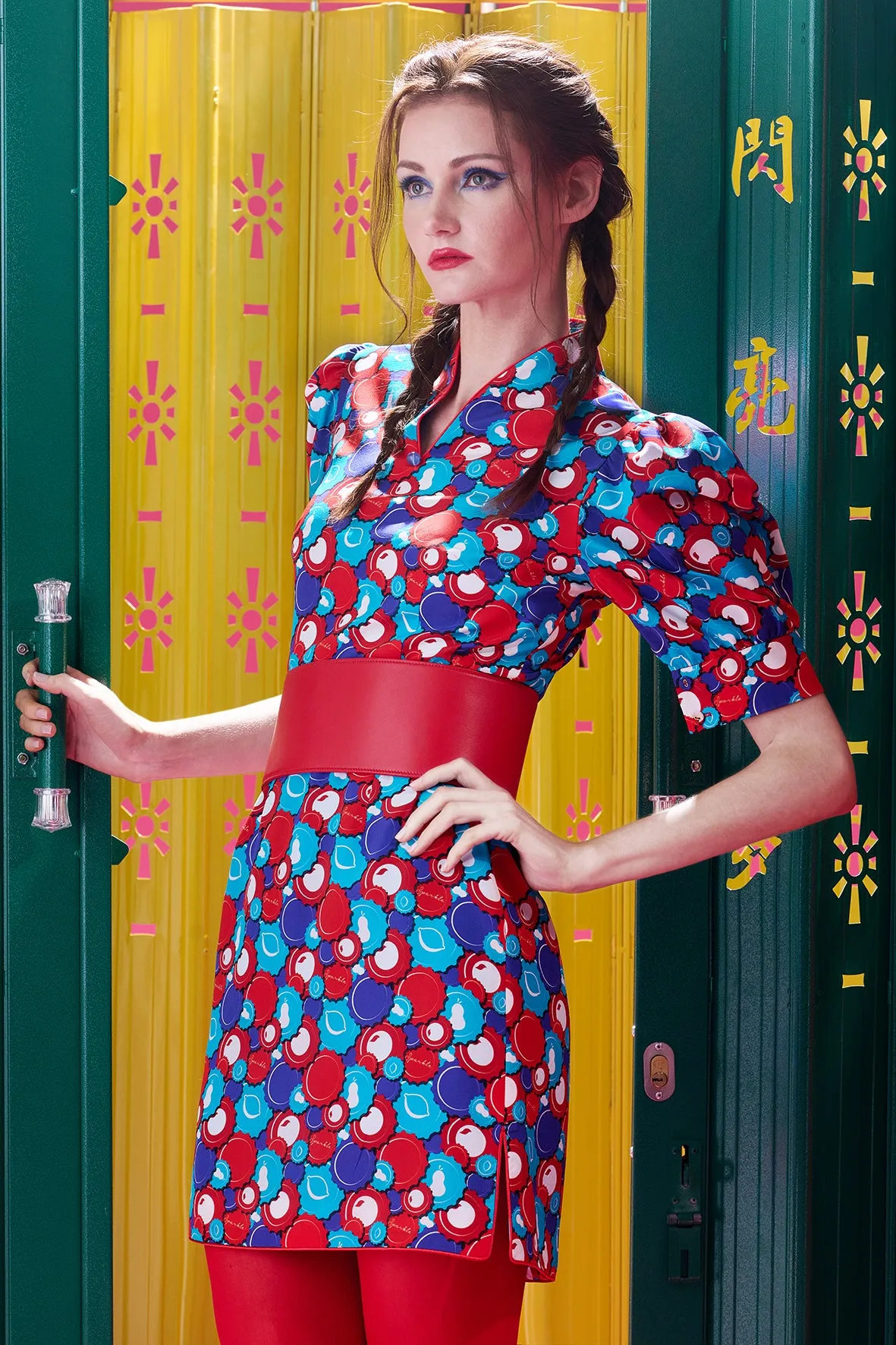 【SODA CAP】100% Silk Cheongsam (Puff Sleeve)  (香港士多) (汽水情緣) (紅白藍)
