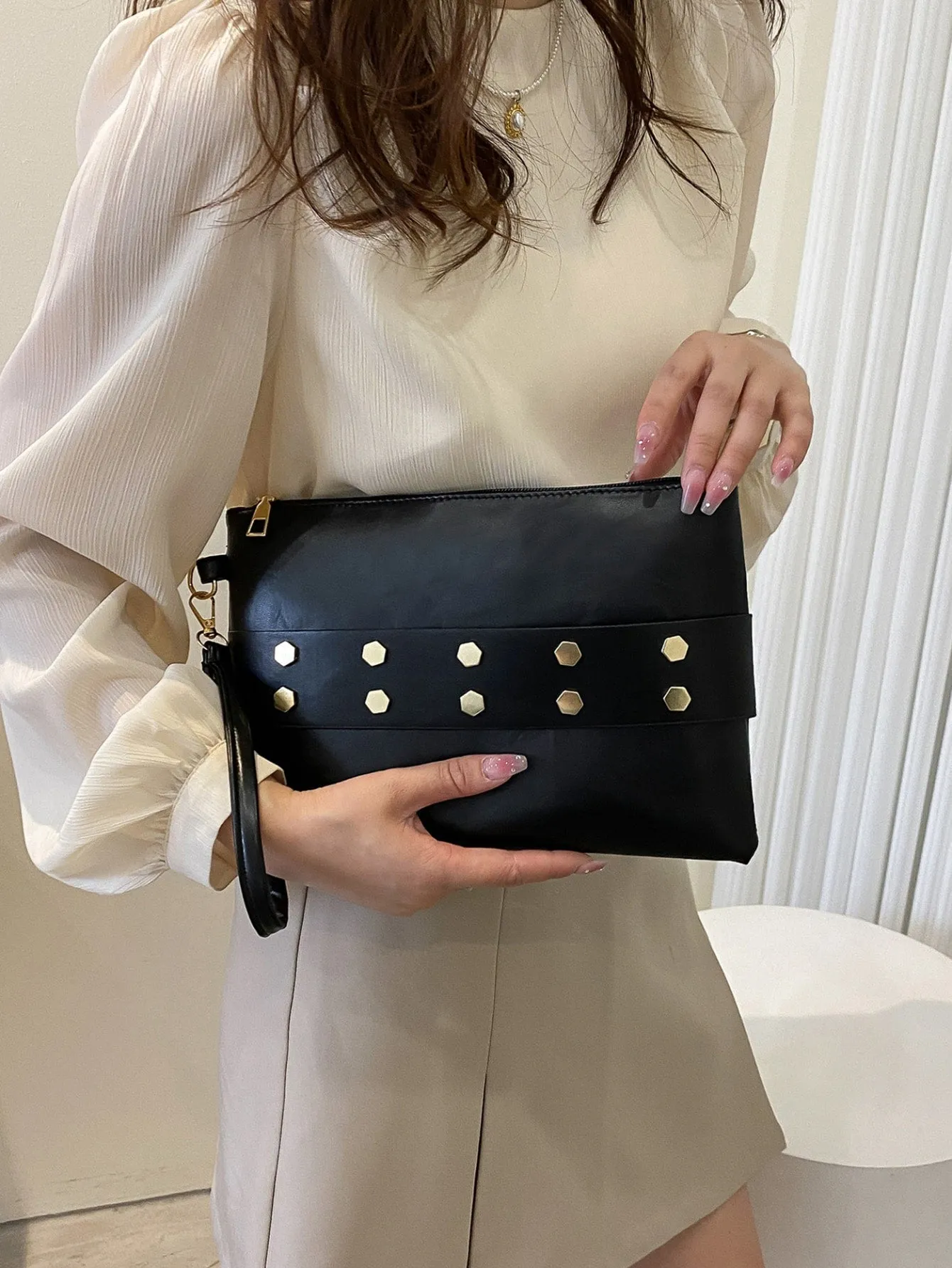 Solid Color Studded Decor Square Bag