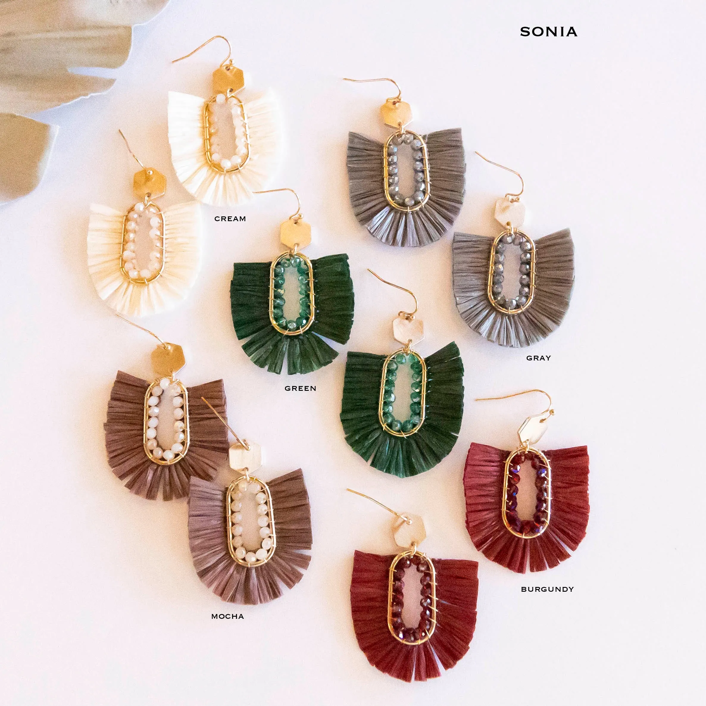 Sonia Crystal and Raffia Hoops | Oval Fan Design With Gold Details | Modern Autumn Earrings