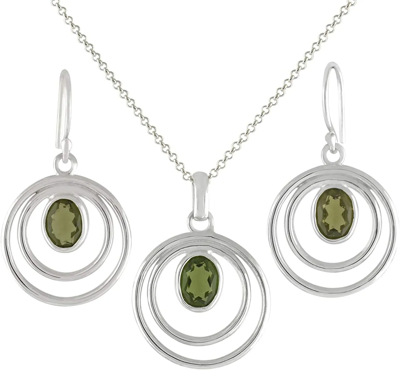 Starborn Faceted Moldavite Pendant and Earrings Set Oval in 925 Sterling Silver