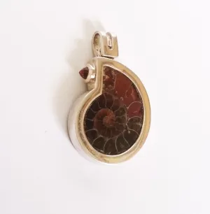 Sterling Silver Pendant with Ammonite Fossil & Orange Citrine