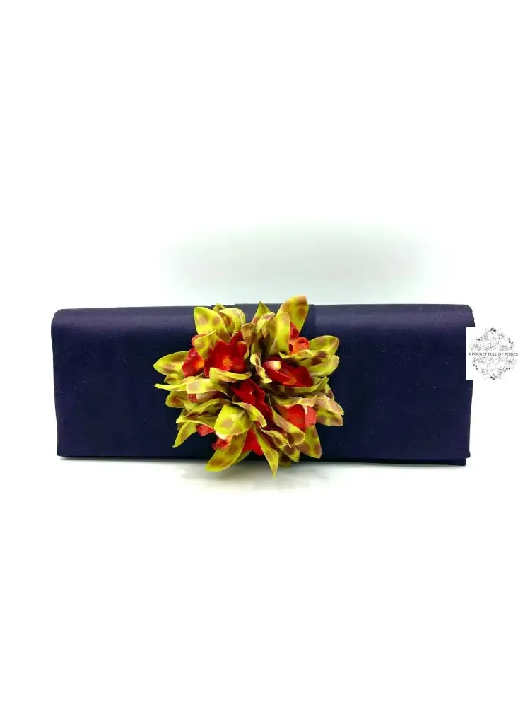 Sueded Silk  Clutch Bag with Floral Accent | Stylish floral evening bag | Dress up any outfit