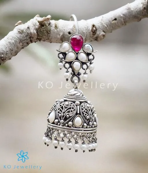 The Mallika Silver Red Jhumka (Oxidised/Hook)