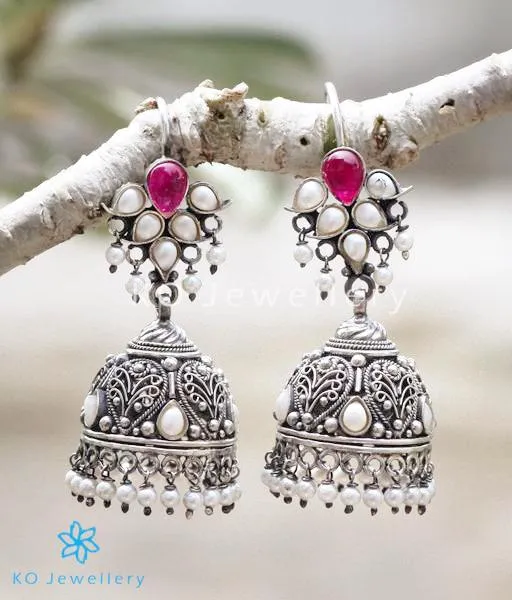 The Mallika Silver Red Jhumka (Oxidised/Hook)