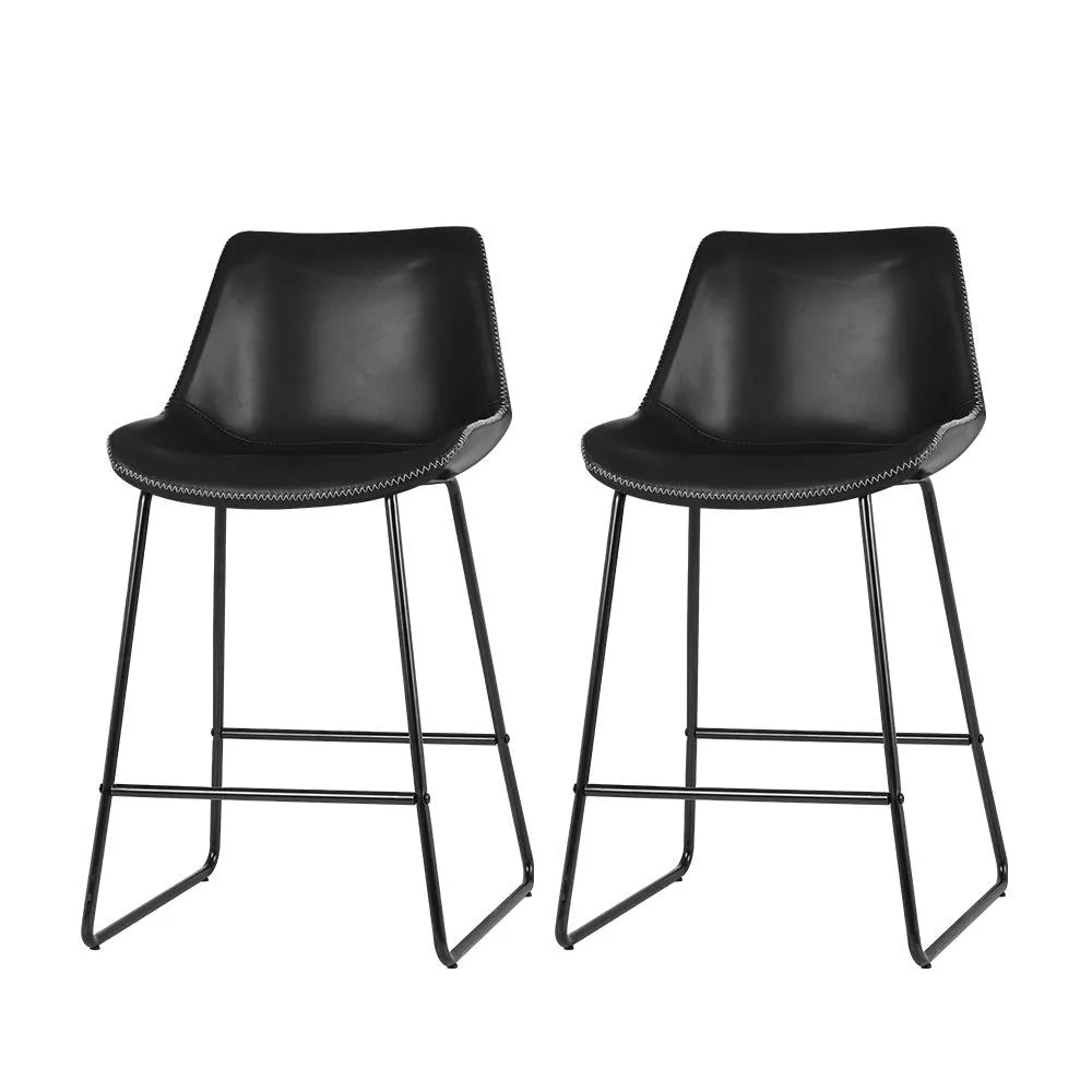 Two Bar Stools Kitchen Counter Barstools Leather Metal Chairs Black