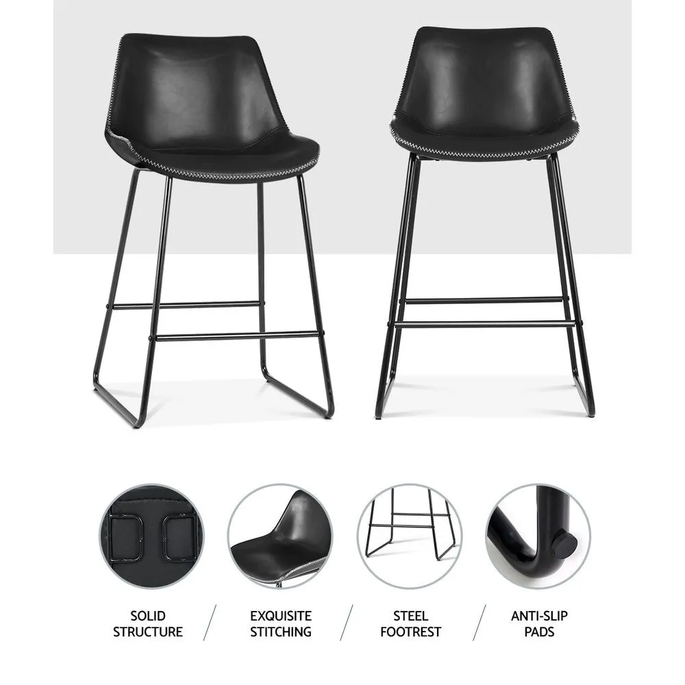 Two Bar Stools Kitchen Counter Barstools Leather Metal Chairs Black