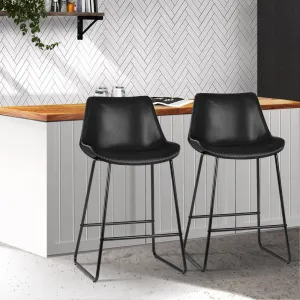 Two Bar Stools Kitchen Counter Barstools Leather Metal Chairs Black