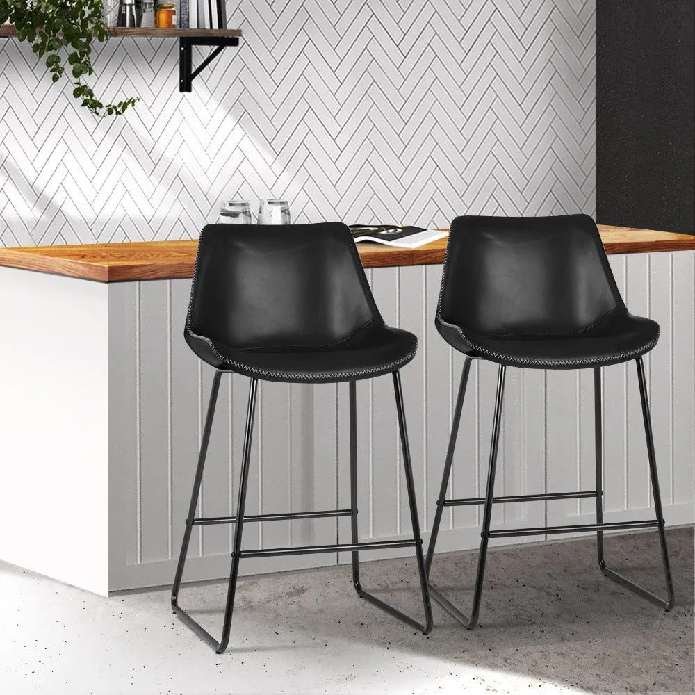 Two Bar Stools Kitchen Counter Barstools Leather Metal Chairs Black