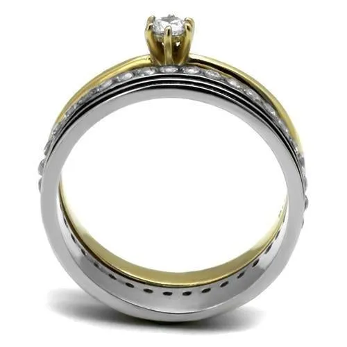 Two-Tone IP Gold (Ion Plating) Stainless Steel Ring with AAA Grade CZ in Clear for Women Style TK3108