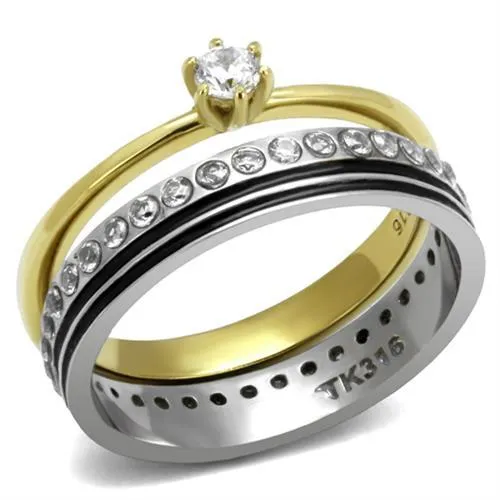 Two-Tone IP Gold (Ion Plating) Stainless Steel Ring with AAA Grade CZ in Clear for Women Style TK3108