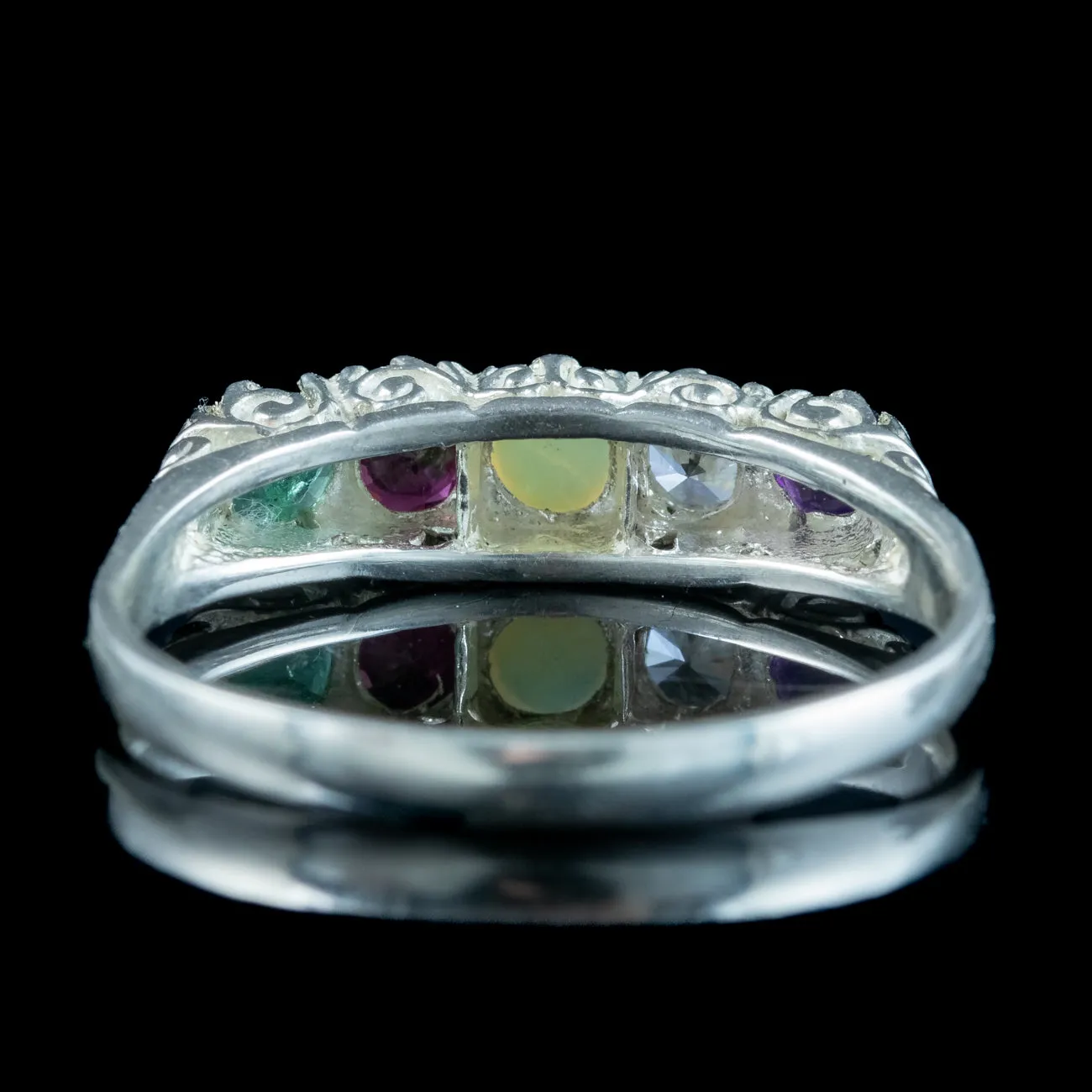 Victorian Style Acrostic Gemstone Ring Silver Spells Adore