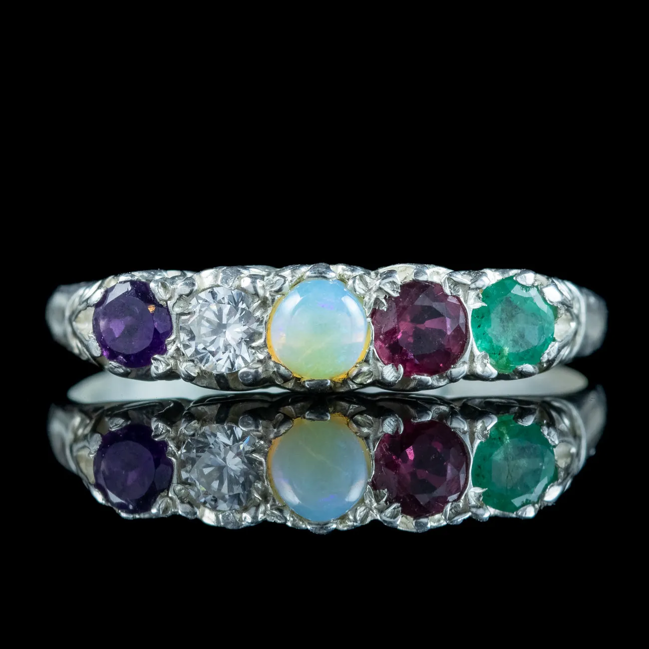 Victorian Style Acrostic Gemstone Ring Silver Spells Adore