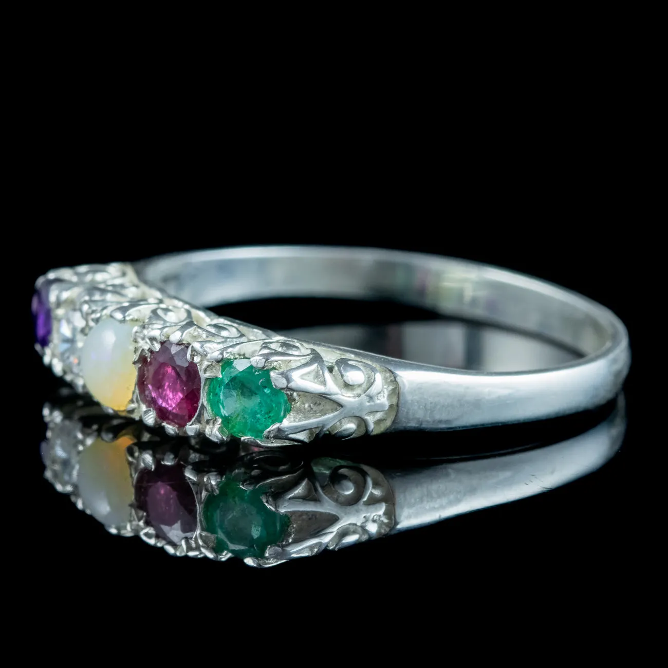 Victorian Style Acrostic Gemstone Ring Silver Spells Adore