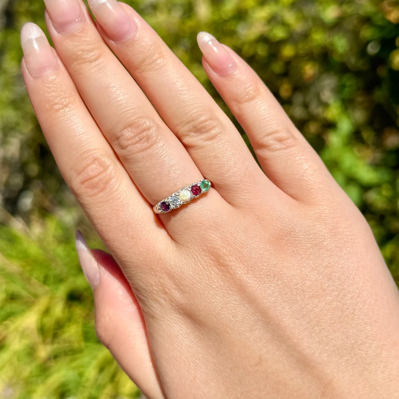Victorian Style Acrostic Gemstone Ring Silver Spells Adore