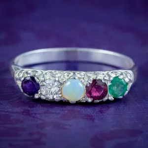 Victorian Style Acrostic Gemstone Ring Silver Spells Adore