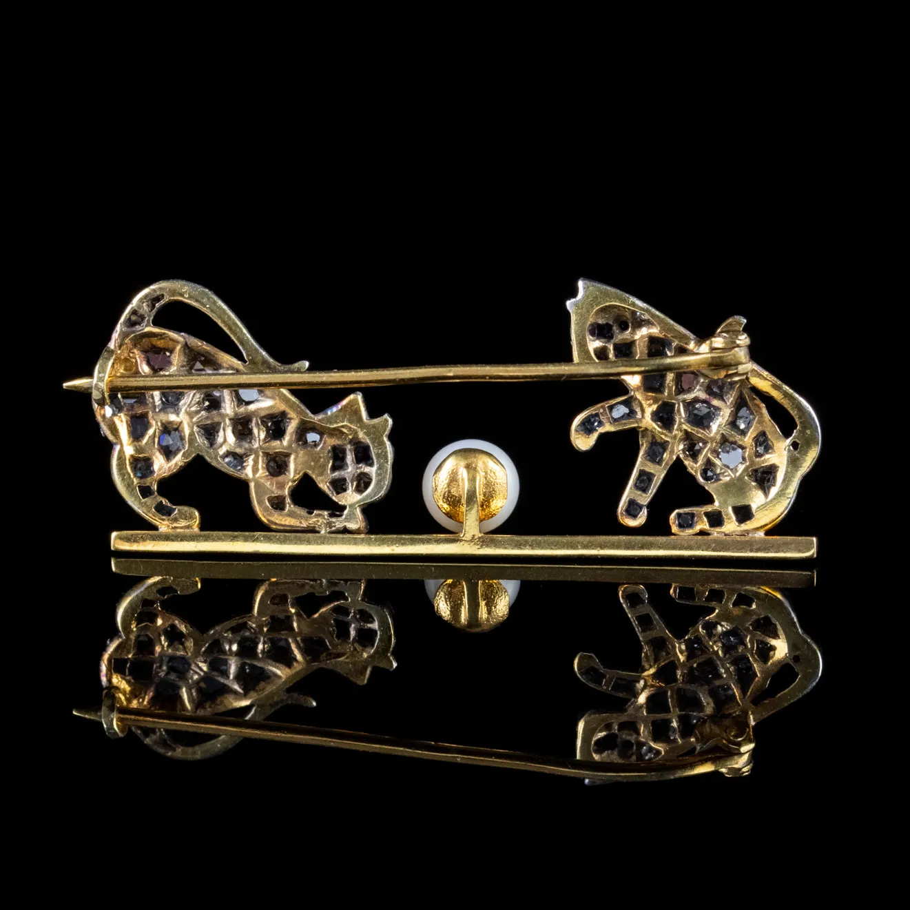 Victorian Style Diamond Cat Brooch Ruby Pearl 18Ct Gold Silver 1.80Ct Of Diamond