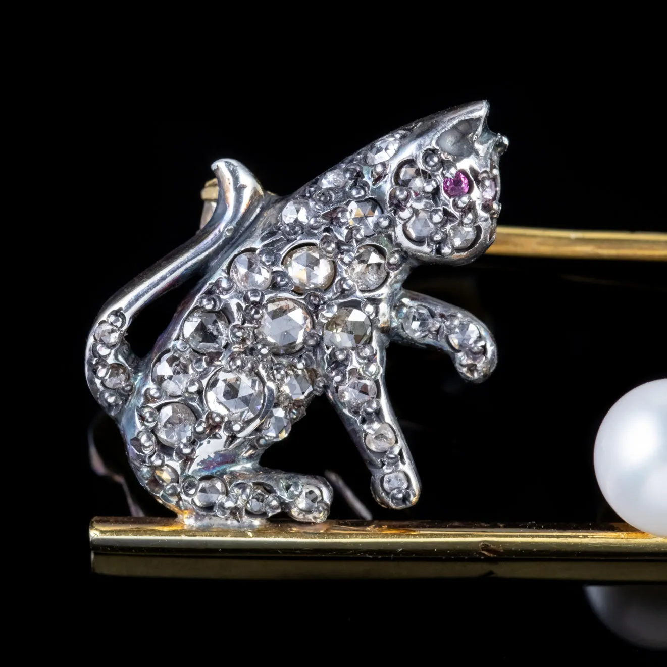 Victorian Style Diamond Cat Brooch Ruby Pearl 18Ct Gold Silver 1.80Ct Of Diamond
