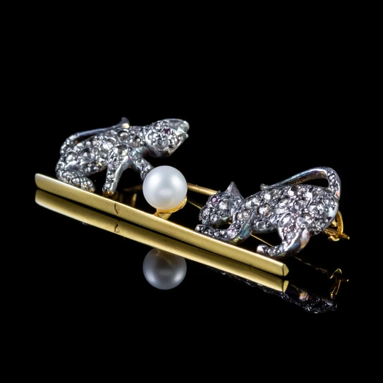 Victorian Style Diamond Cat Brooch Ruby Pearl 18Ct Gold Silver 1.80Ct Of Diamond
