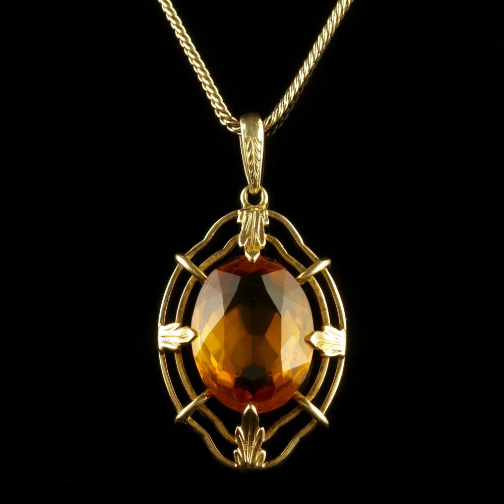 Vintage Citrine Pendant And Chain 14Ct Gold 1950