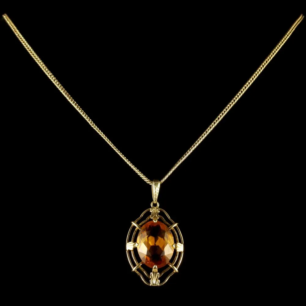 Vintage Citrine Pendant And Chain 14Ct Gold 1950