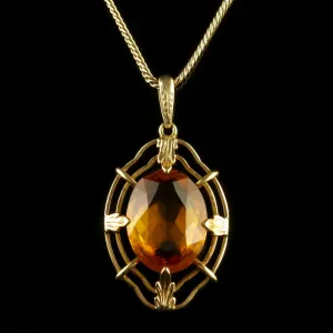 Vintage Citrine Pendant And Chain 14Ct Gold 1950