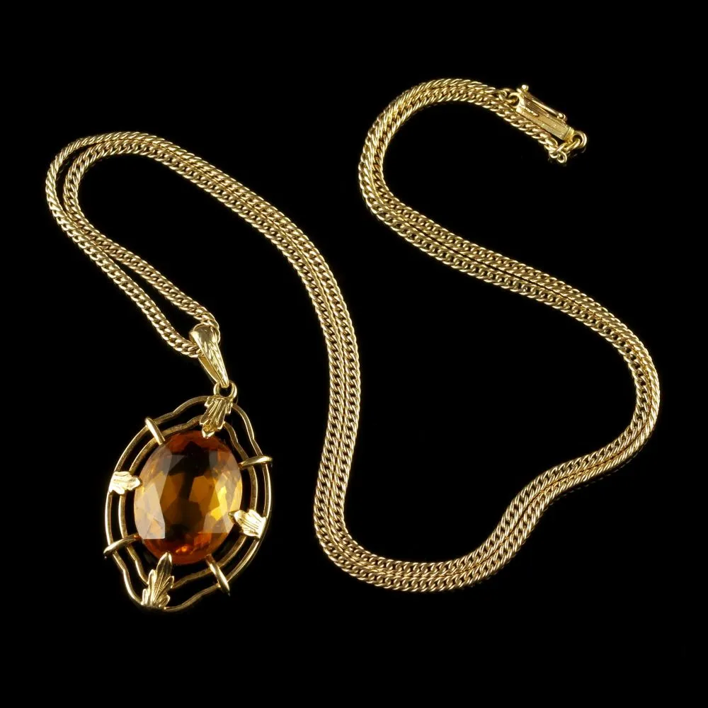 Vintage Citrine Pendant And Chain 14Ct Gold 1950