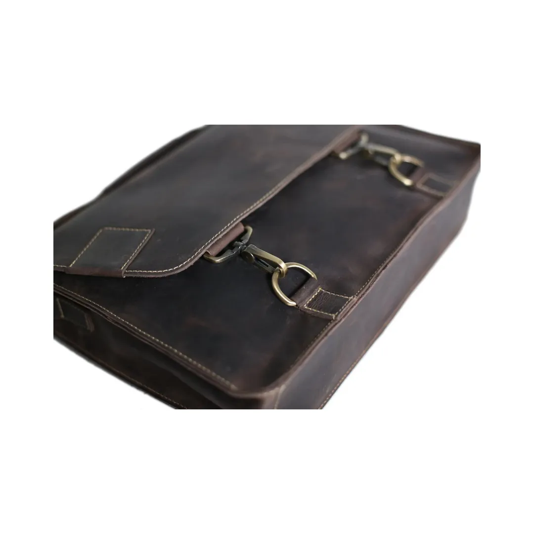 Vintage Genuine Leather Satchel Messenger Bag - Dark Brown