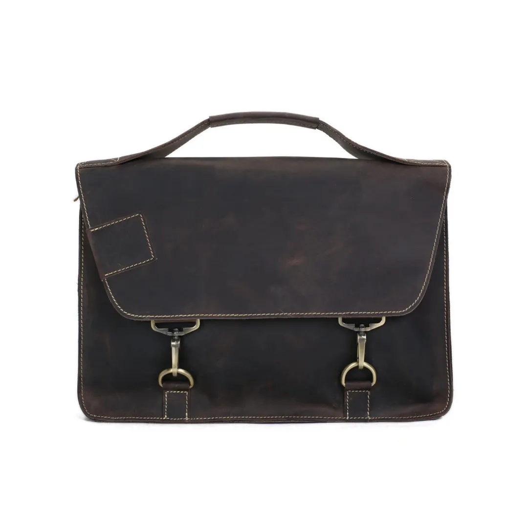Vintage Genuine Leather Satchel Messenger Bag - Dark Brown