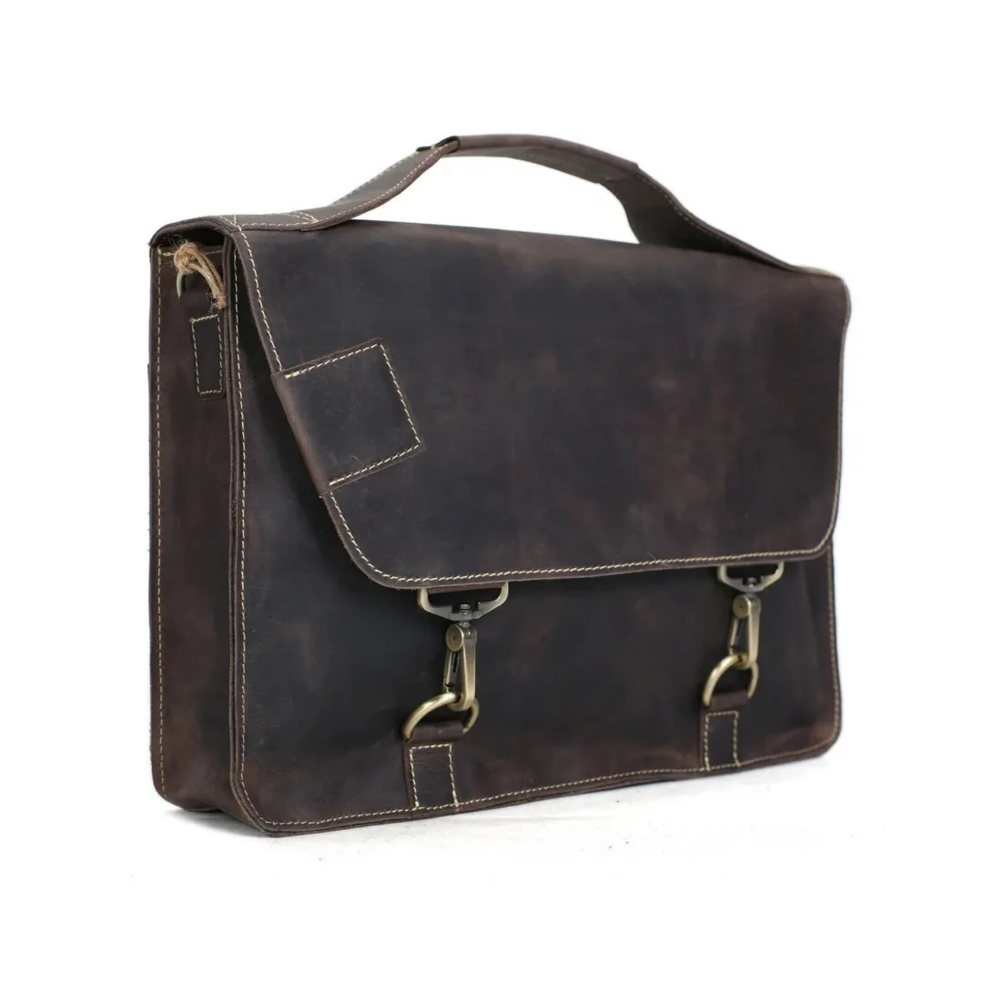 Vintage Genuine Leather Satchel Messenger Bag - Dark Brown