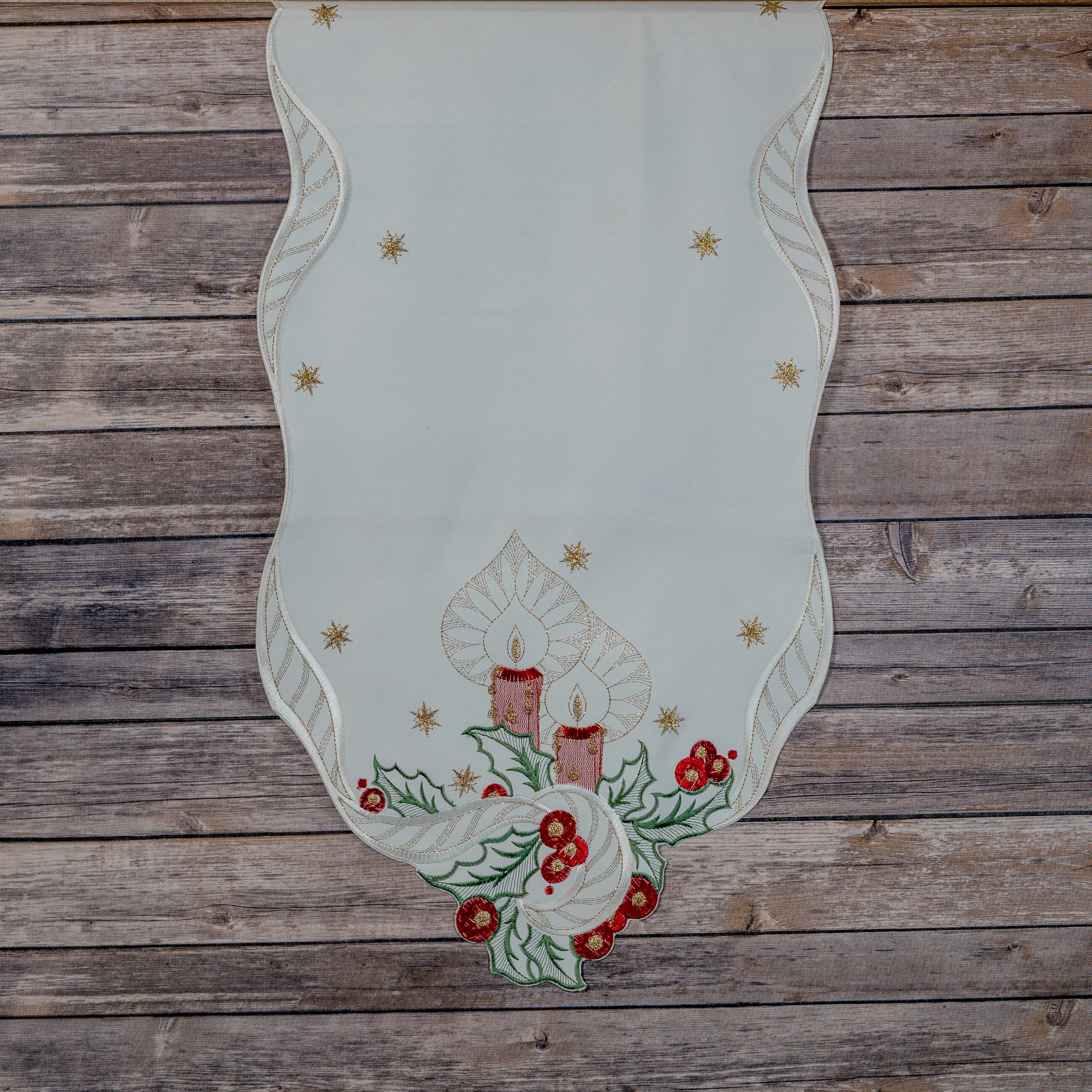 White Christmas Candles and Holly Table Runner