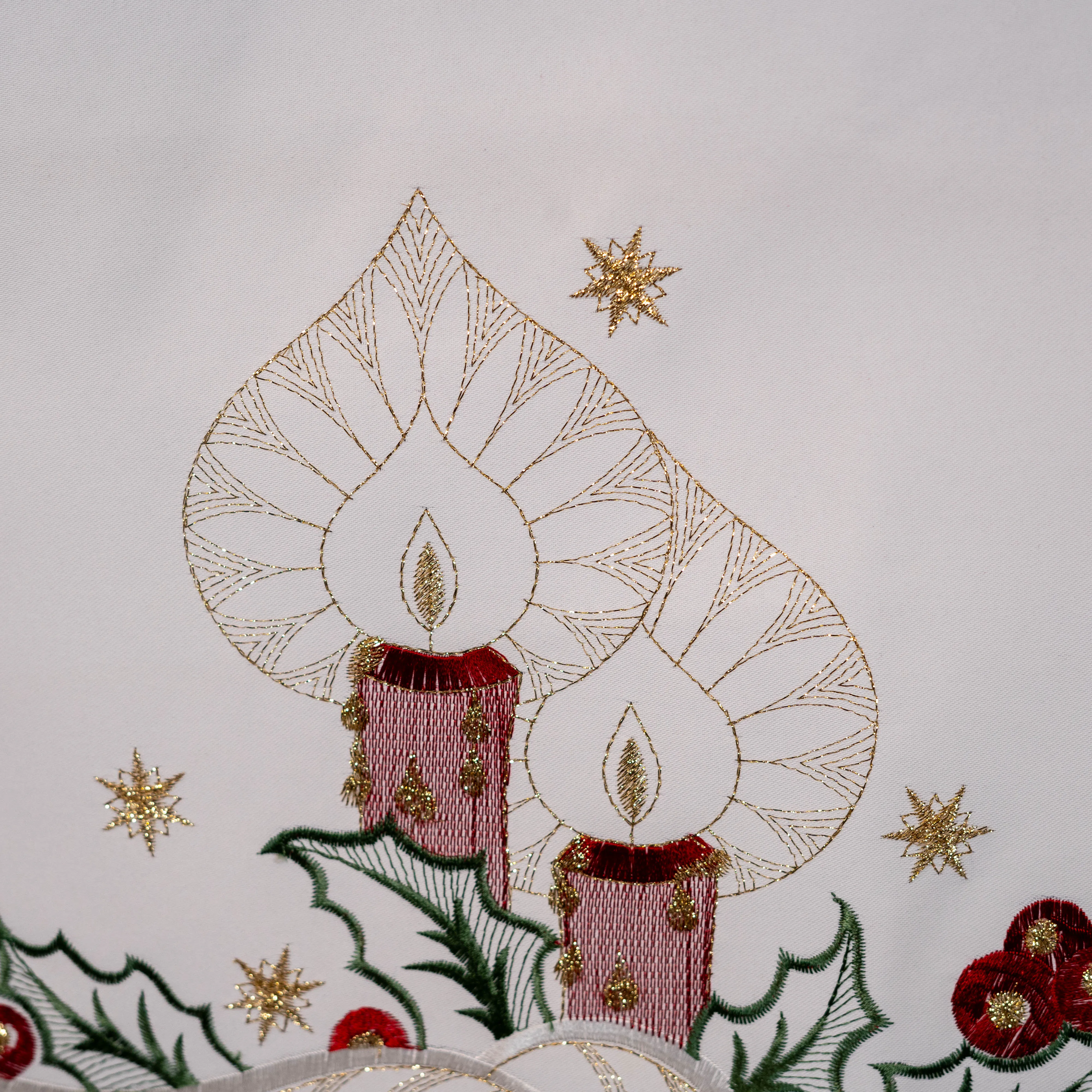 White Christmas Candles and Holly Table Runner