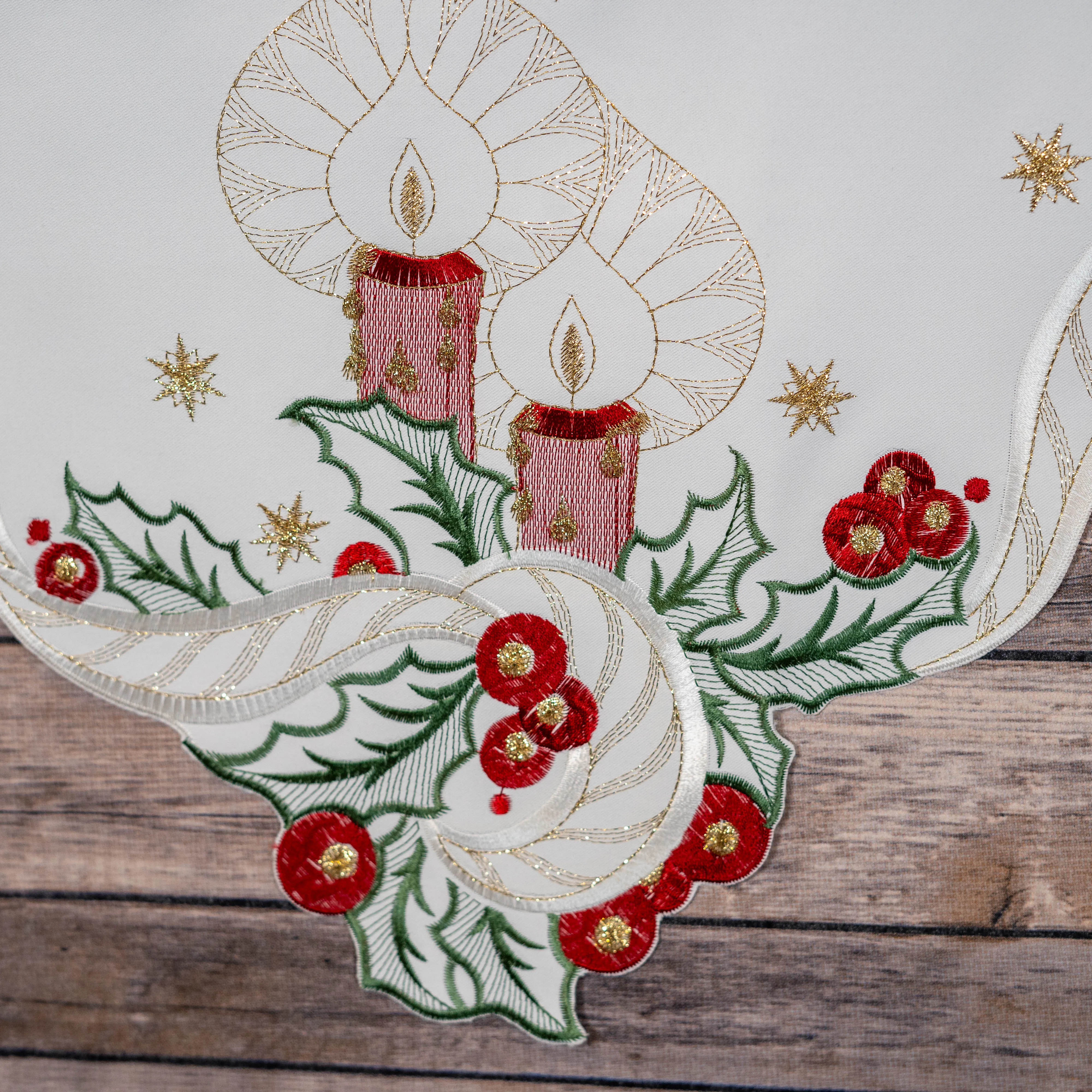 White Christmas Candles and Holly Table Runner