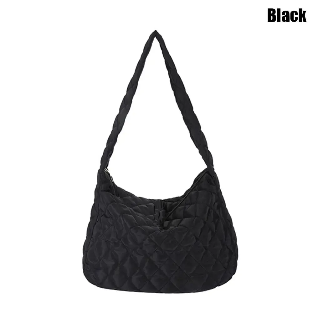 Women Large Capacity Quilted Tote Bag Winter Warm Lightweight Down Cotton Padded Plaid Shoulder Bags Underarm Bags Puffy Handbag